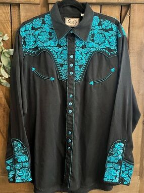 Scully Black Western Shirt with Teal Floral Embroidery